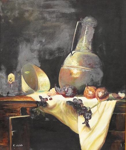K Webb, Contemporary, Still life of a bowl and scattered fruit on a side table, signed, oil on canvas, 59 x 48cm, ornate gilt frame